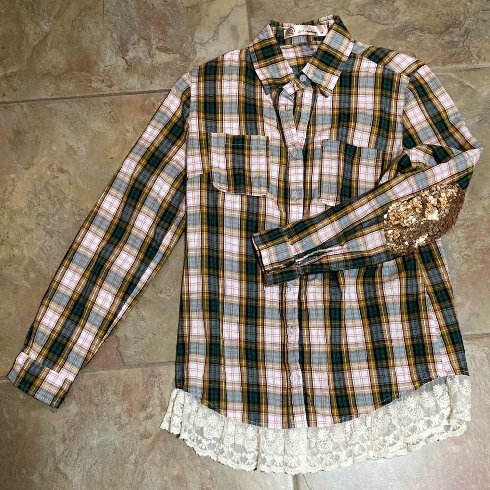 Plaid Button Down Shirt with Lace Trim